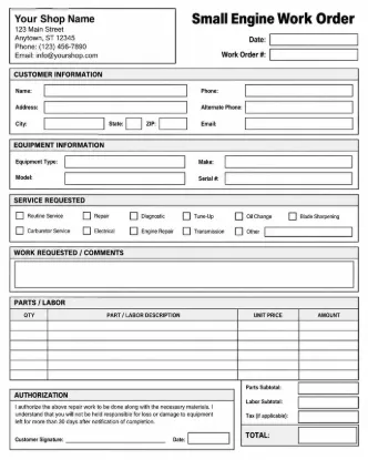 lawn mower shop work order form digital product