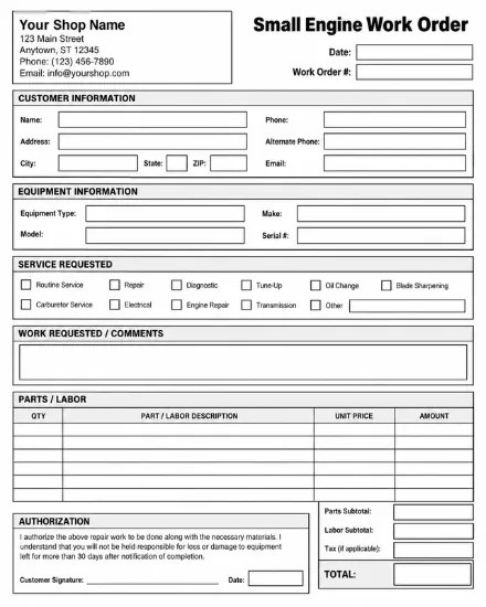 lawn mower shop work order form digital product